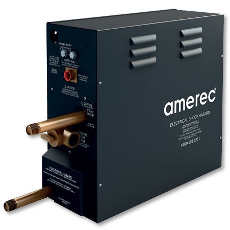 A modern home steam shower unit emitting soft steam in a luxury bathroom.