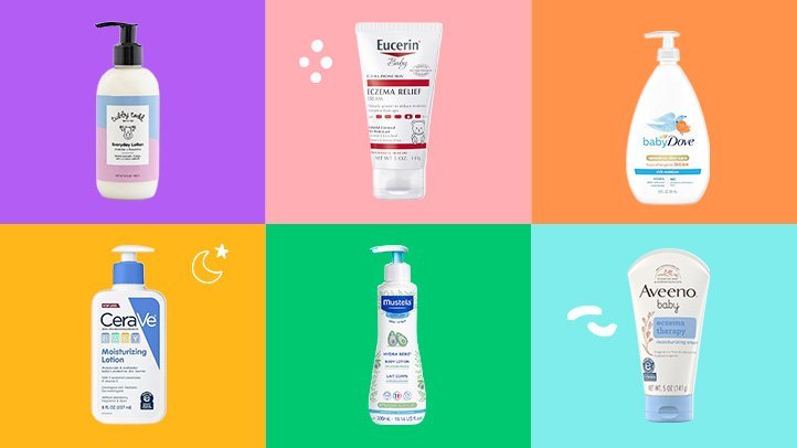 A bottle of gentle baby lotion for sensitive skin rests on a soft blanket.