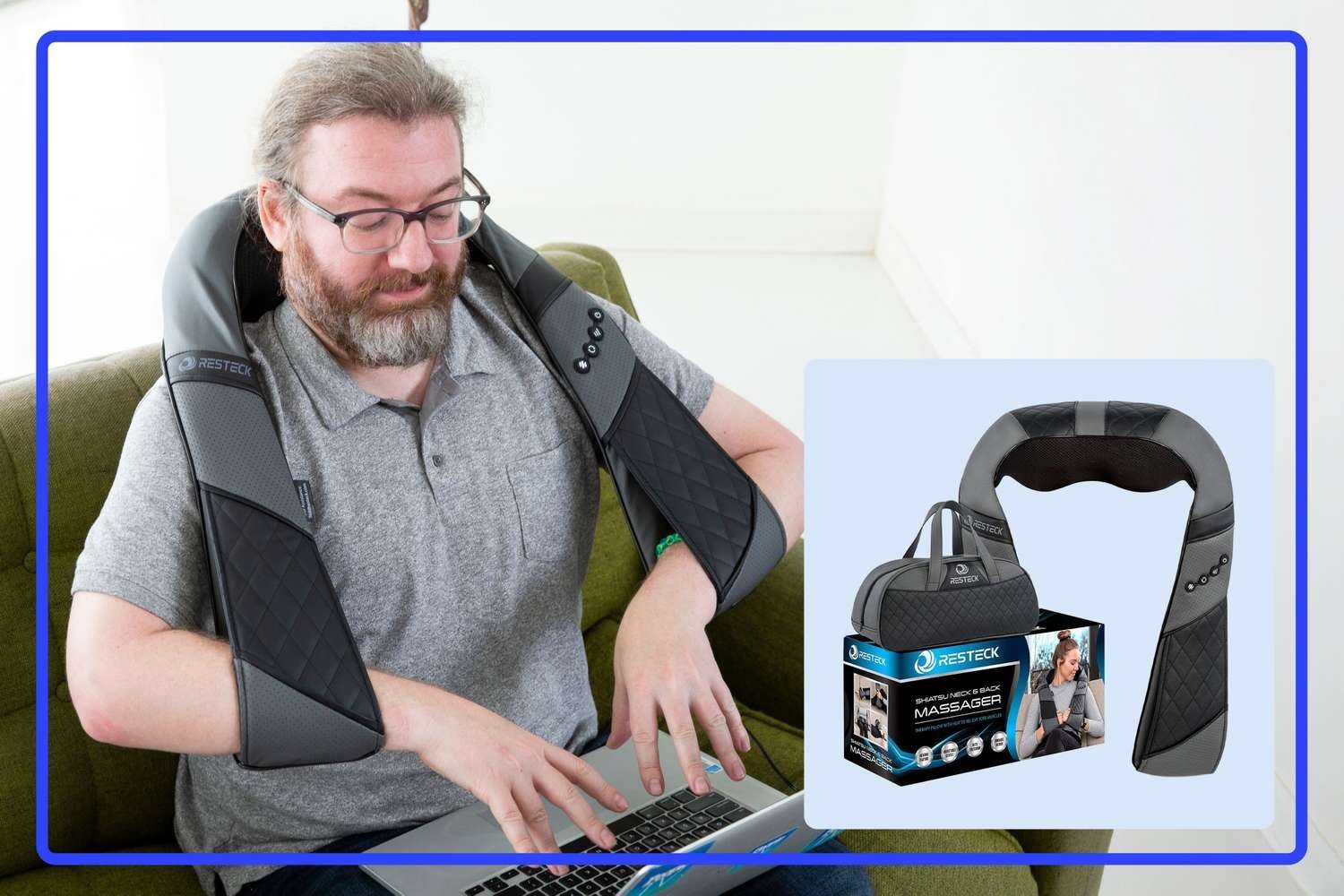 A person using an electric back massager for soothing pain relief at home.