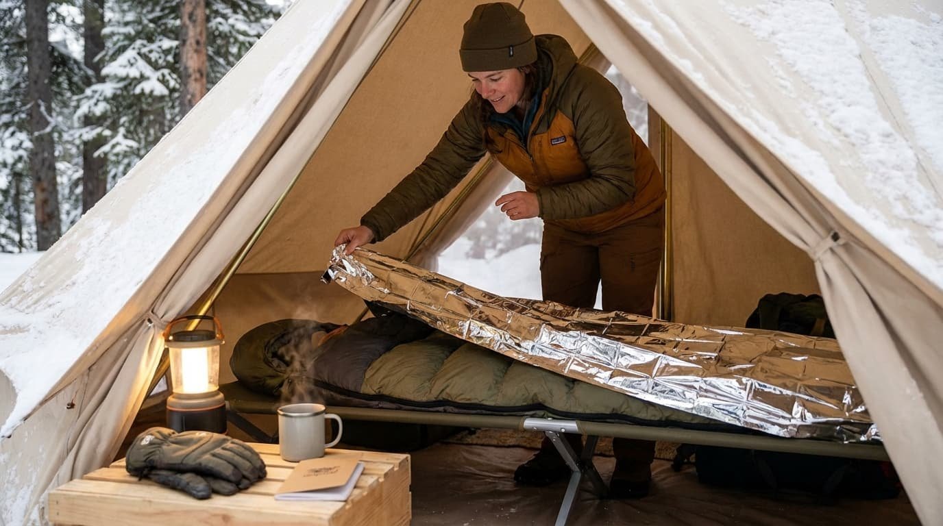 A cozy insulated camping blanket rests on a chair during a cold weather camping trip.
