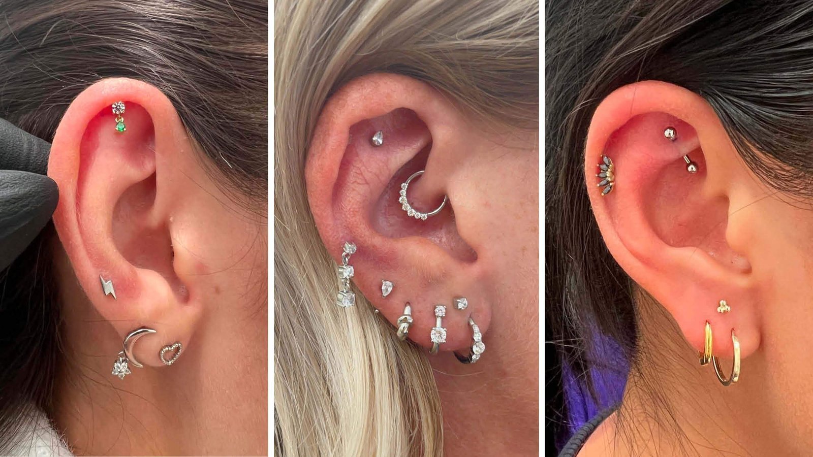 A variety of elegant body piercing plugs displayed on a clean marble surface.