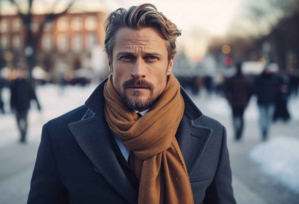 A stylish man wearing a warm wool scarf on a cold winter day.