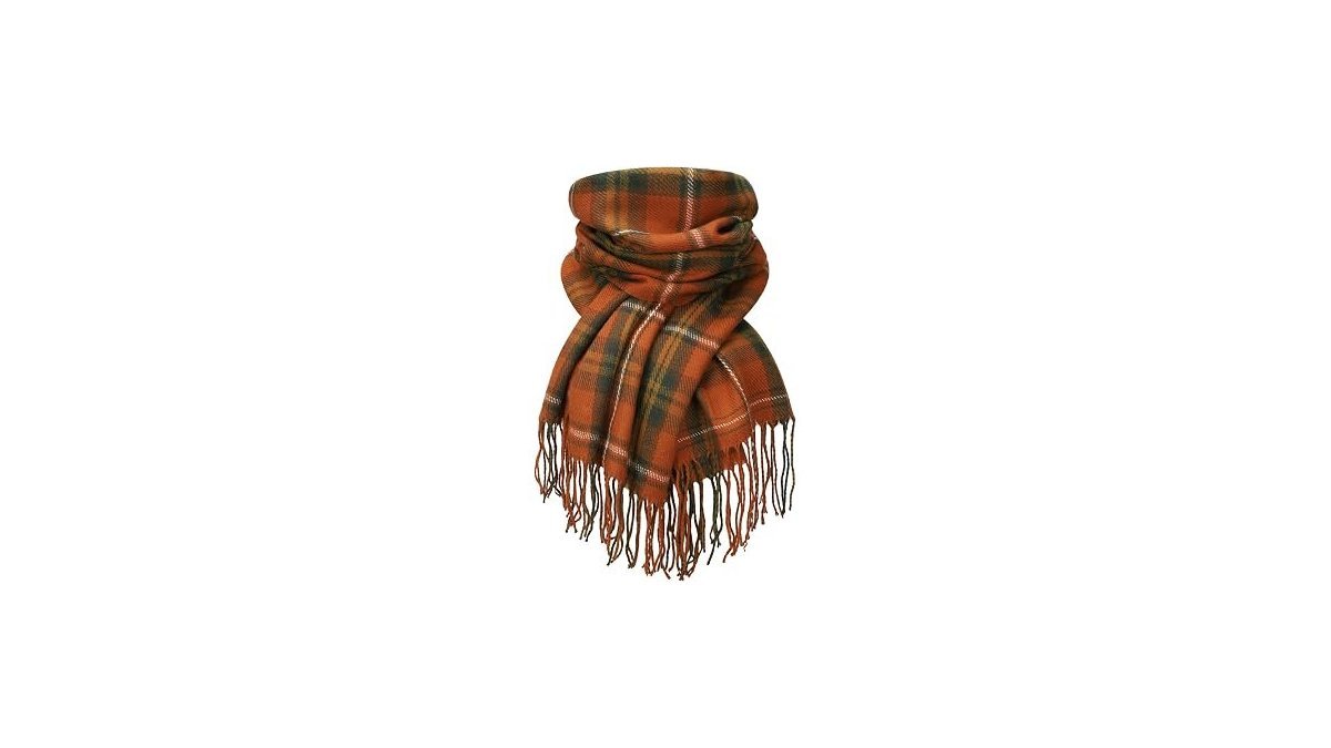 A woman wearing a cozy chunky knit scarf during a crisp autumn day.