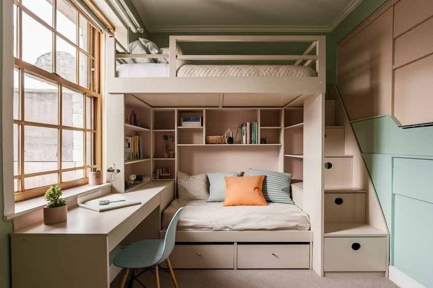A compact loft bed creates a cozy sleeping area in a small modern apartment.