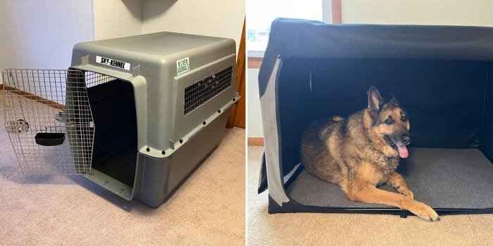 A large Golden Retriever rests comfortably inside a high-quality dog crate for large breeds.