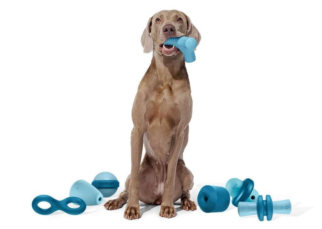 A durable rubber chew toy sits on a floor as the best dog toys for aggressive chewers.