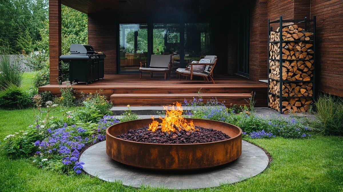 A modern fire pit creates a cozy gathering area in a large backyard.