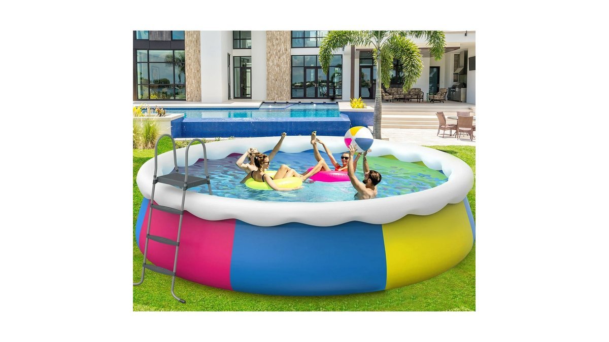 A pristine inflatable top ring swimming pool sits in a sunny backyard.