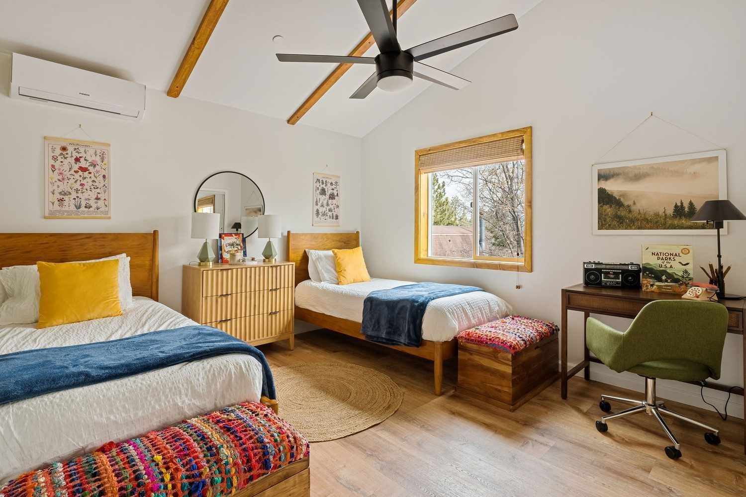 A cozy and modern shared kids room featuring a sturdy wooden bunk bed.