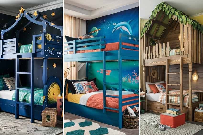 A cozy cabin-themed bunk bed with a slide in a bright children's room.