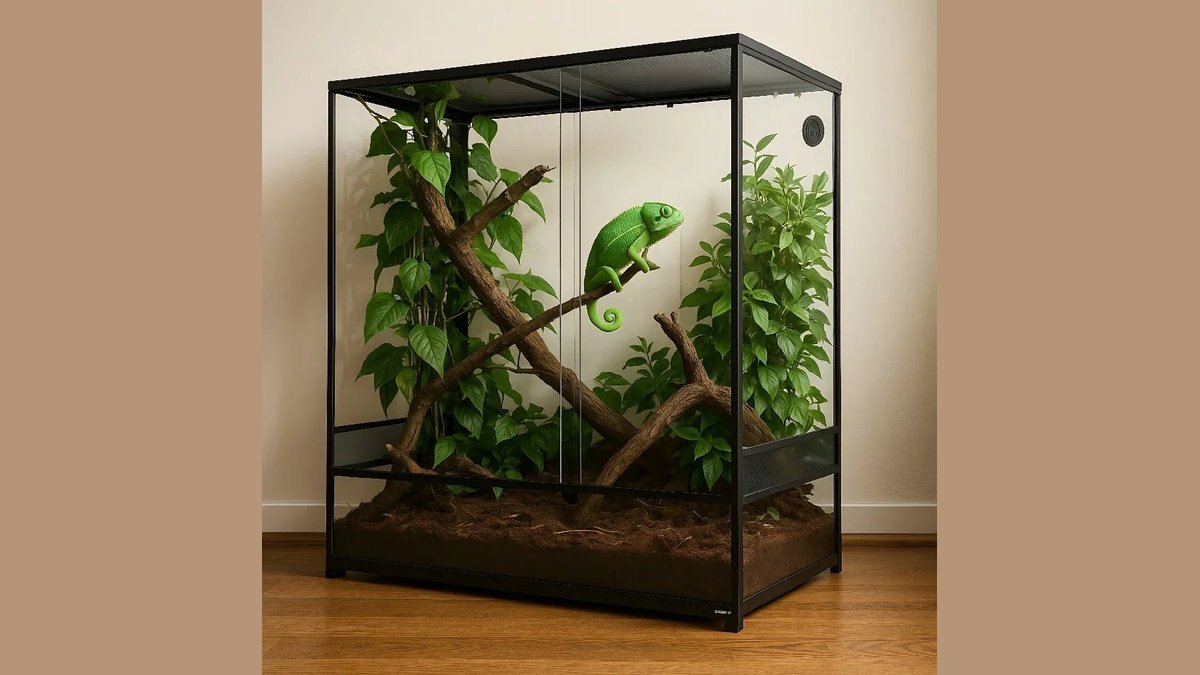 A spacious and modern glass reptile tank housing a snake in a living room.