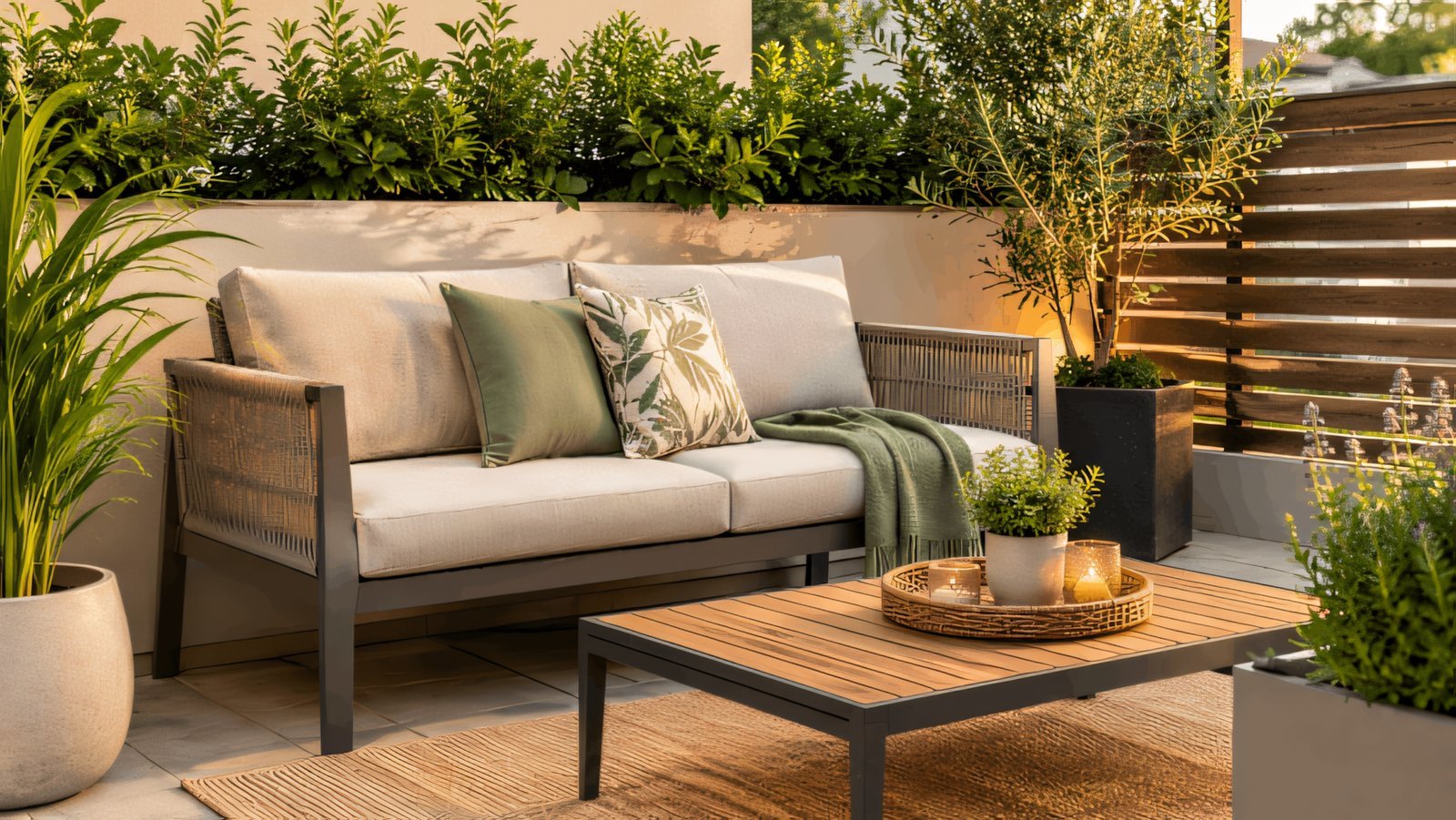 A modern compact outdoor sofa perfectly styled for a small patio living space.