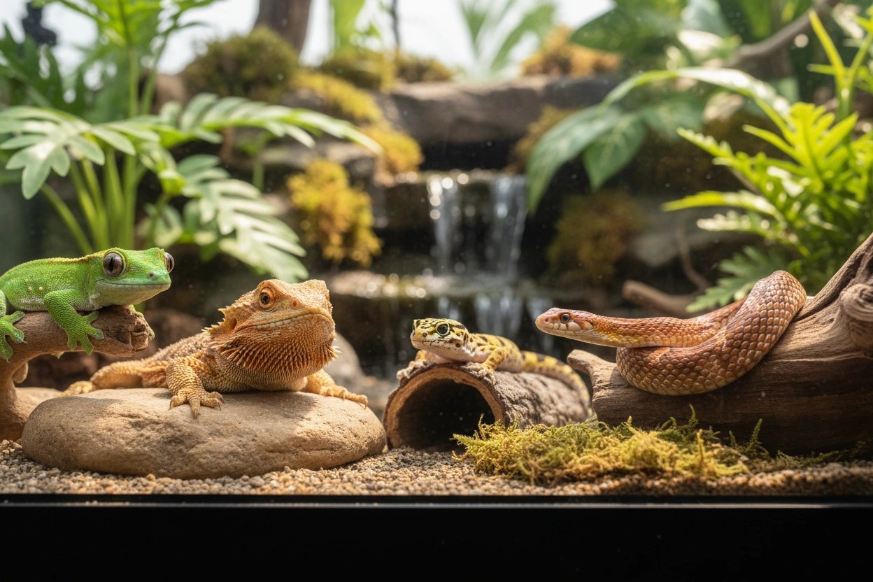 A modern glass reptile terrarium setup displayed in a bright and cozy living room.