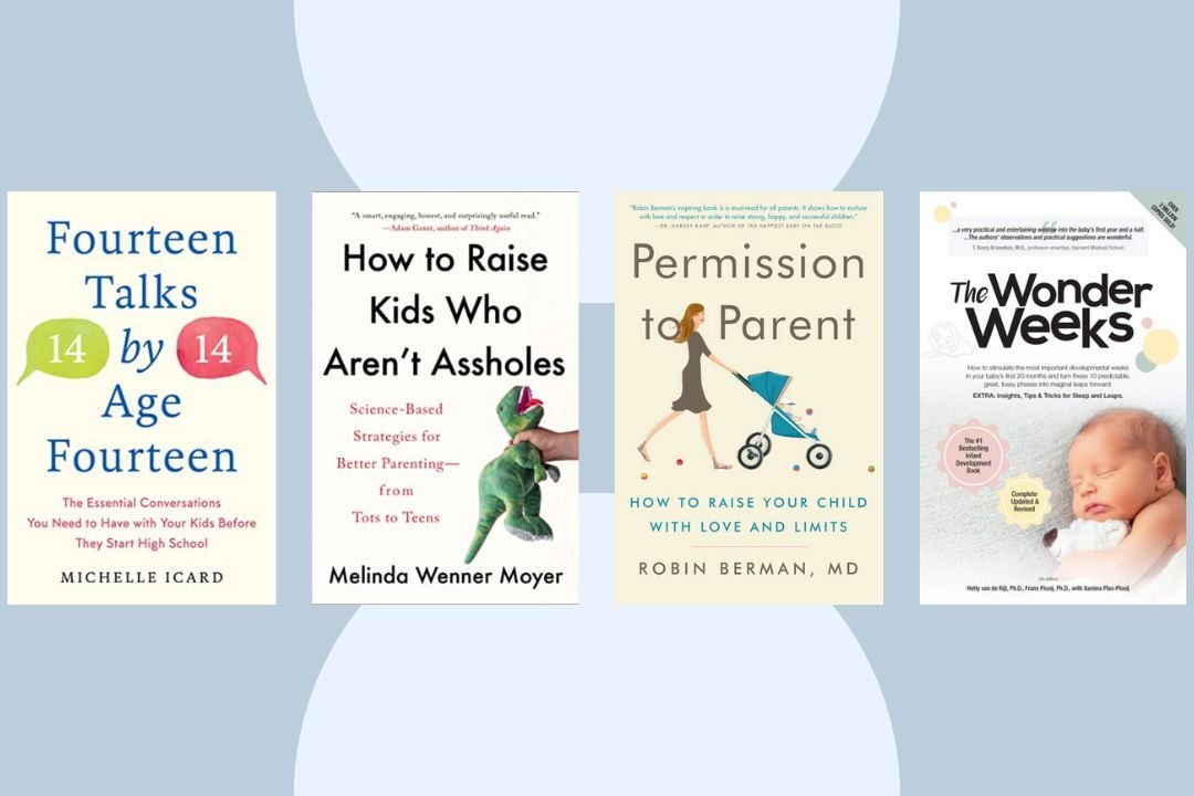 A stack of parenting books on a wooden table represents the best school age children parenting books.