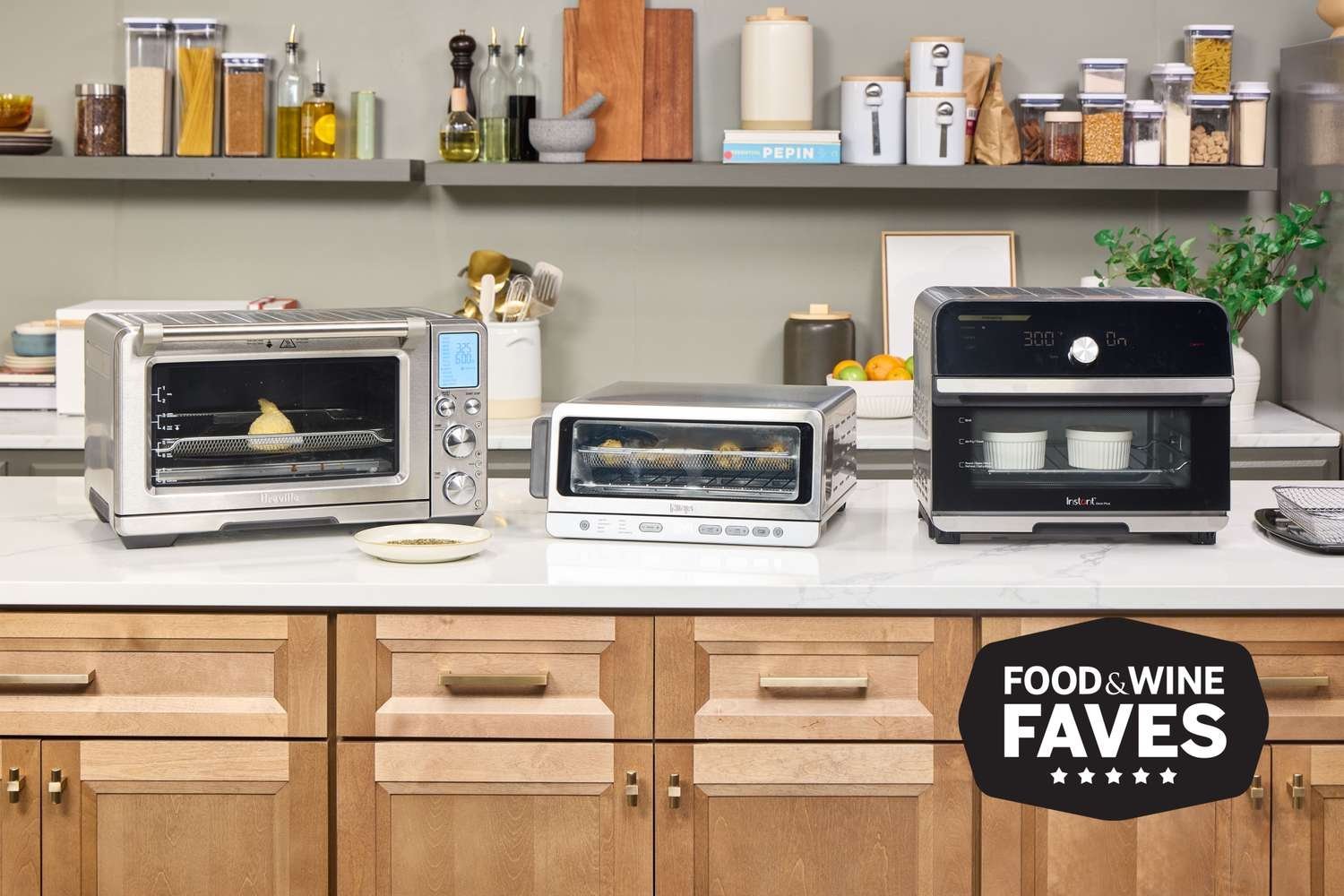 A modern toaster oven with air fryer capabilities sits on a kitchen counter.