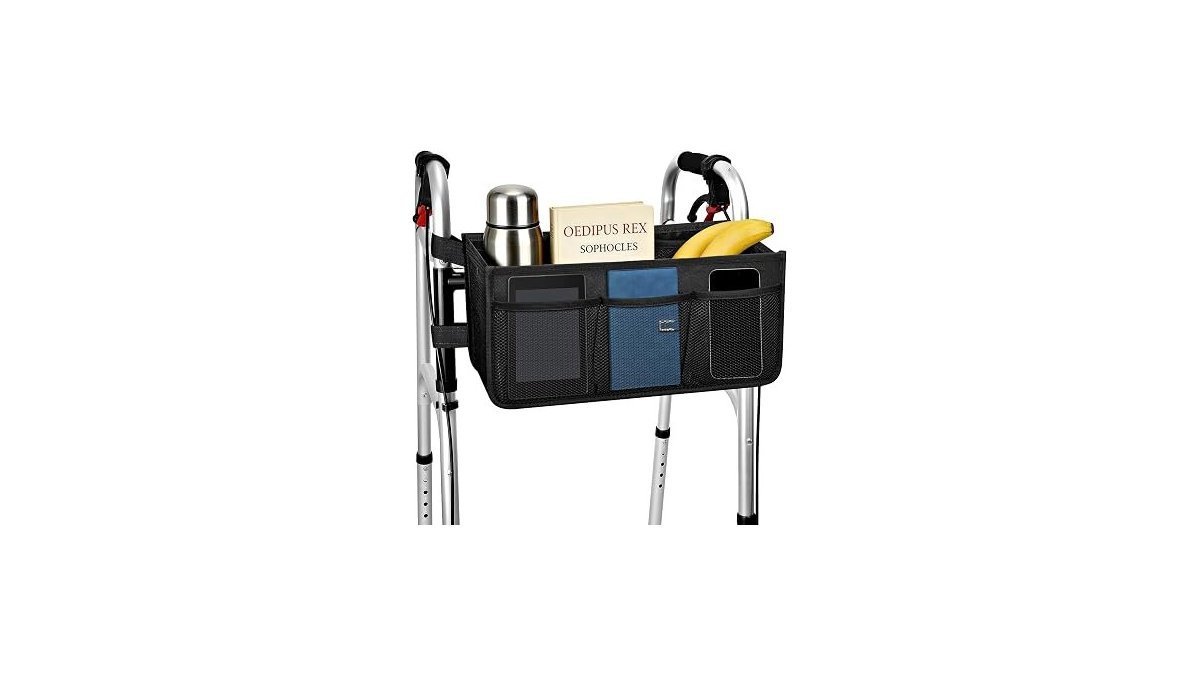 A modern rollator walker equipped with multiple storage organizers on a sunny porch.