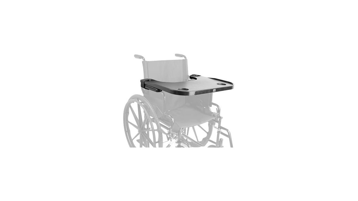 A functional lap tray attached to a mobility scooter in a bright room.