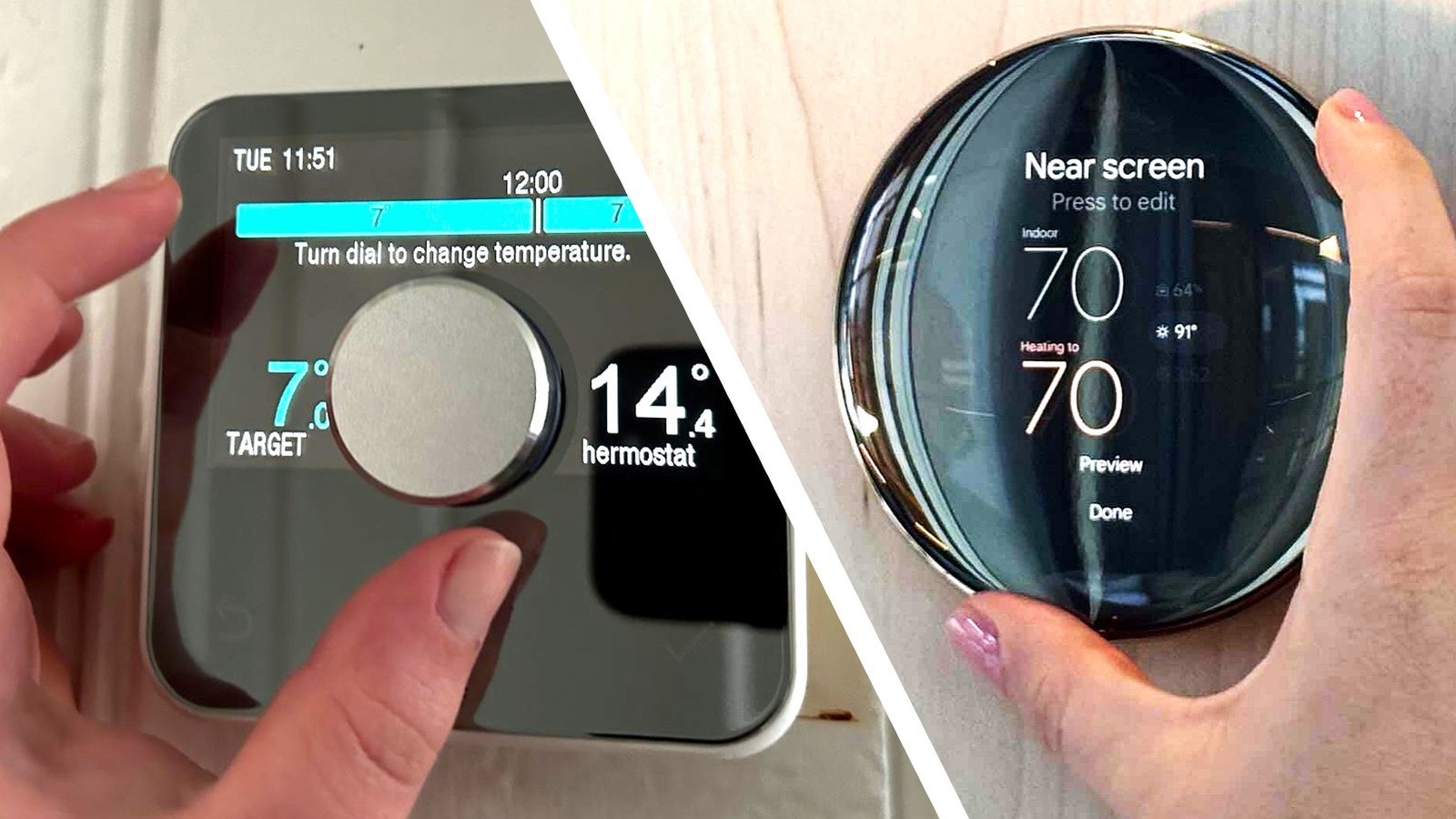 A modern Wi-Fi thermostat mounted on a wall in a bright home.