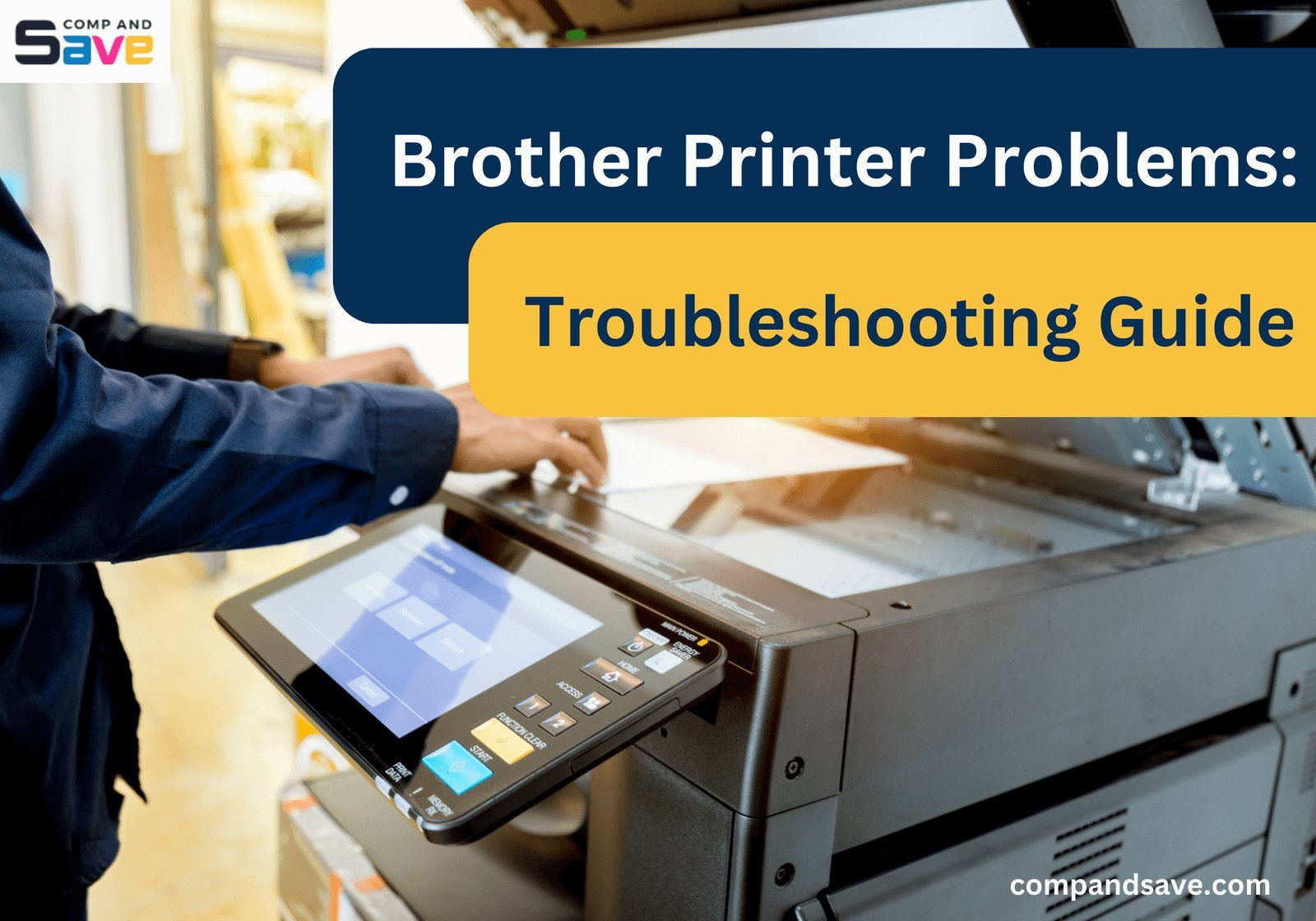 A Brother printer sitting on a clean desk as part of a troubleshooting guide.
