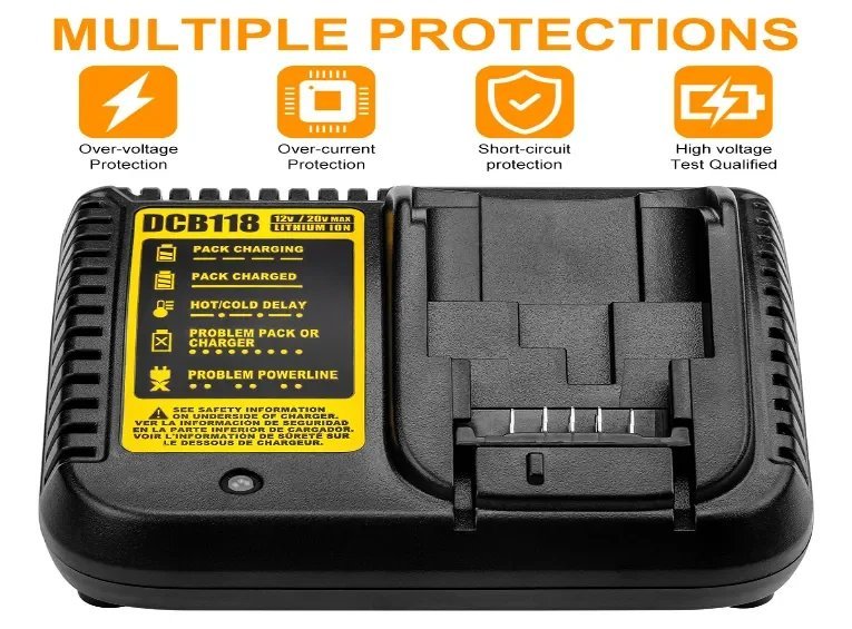 Close-up view of dirty battery contacts that cause Dewalt battery charger troubleshooting issues.