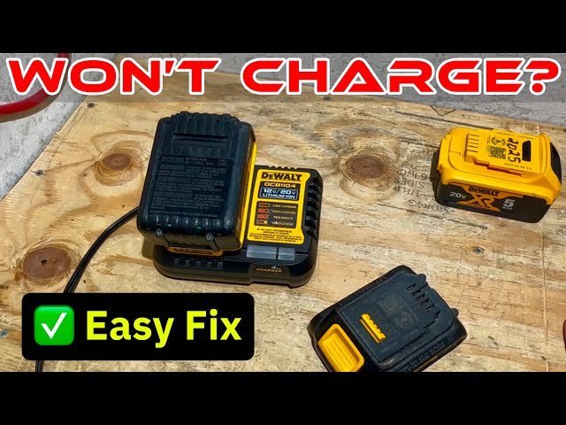 Testing two different batteries to resolve a common Dewalt battery charger troubleshooting problem.