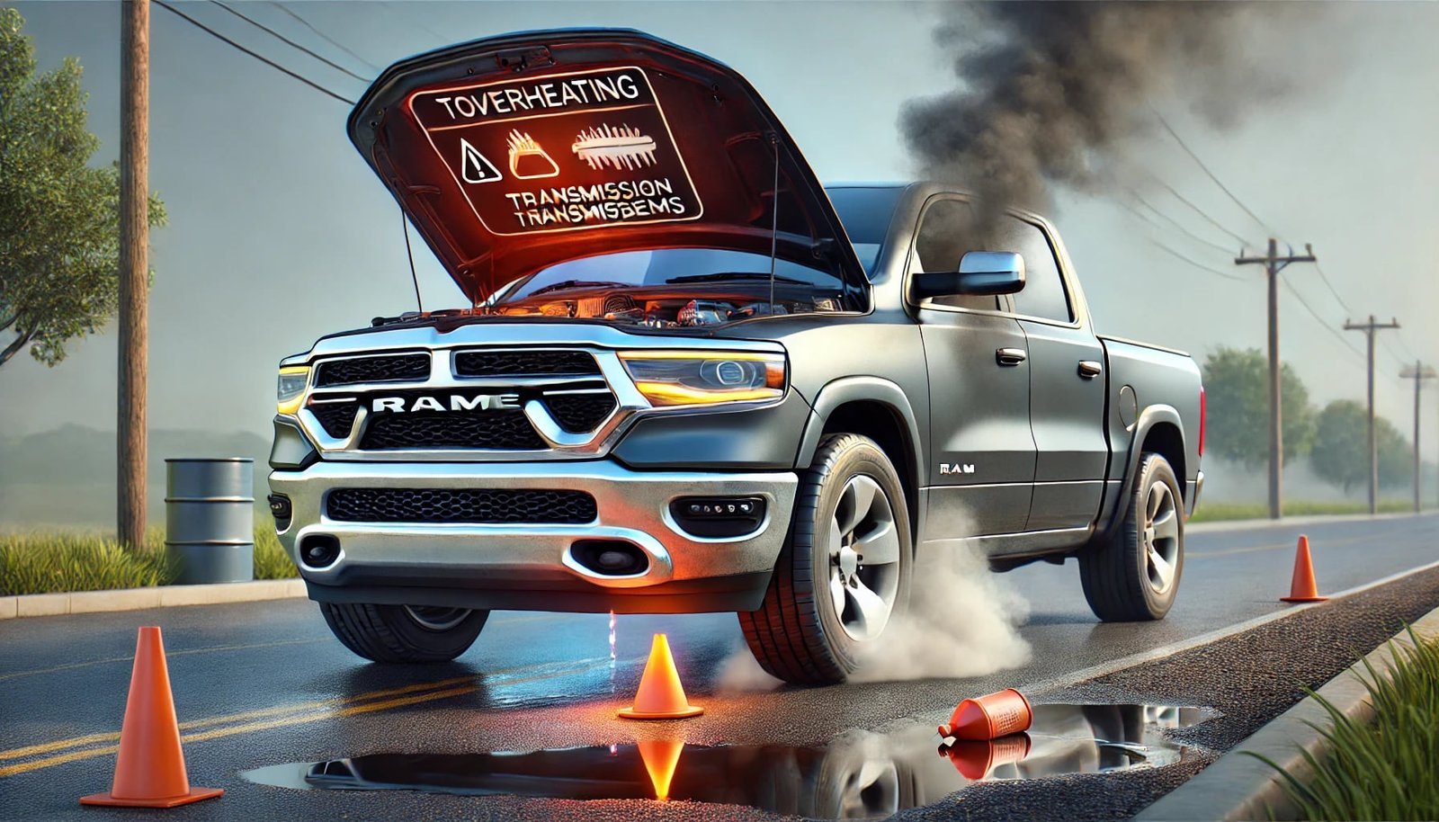 A professional automotive workshop setting featuring a large Dodge Ram truck on a lift.