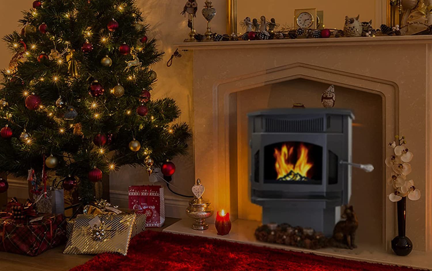 A modern pellet stove burning warmly in a cozy, well-lit living room.