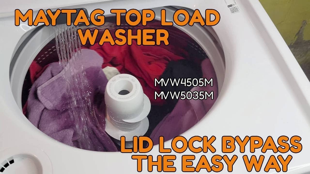 A clean, organized laundry room with a Maytag washing machine and folded towels.