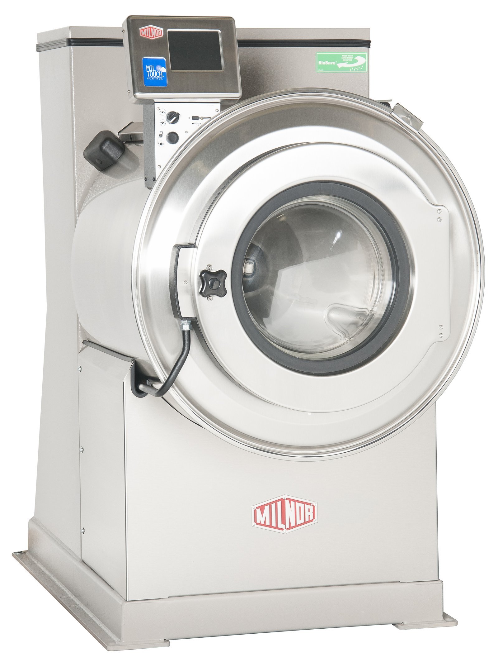 Person securely closing the door of a Milnor industrial washing machine during maintenance.