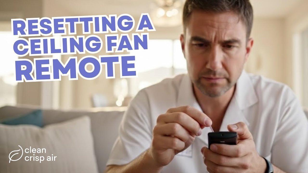 A close-up of a handheld fan remote being held in a home environment.