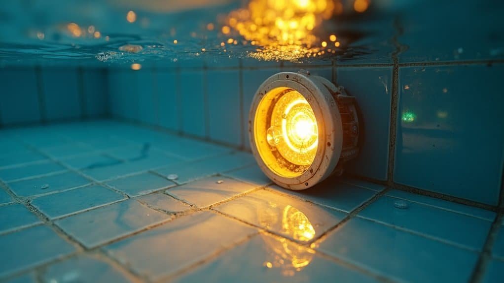 A technician inspects a removed pool light fixture to check the bulb.