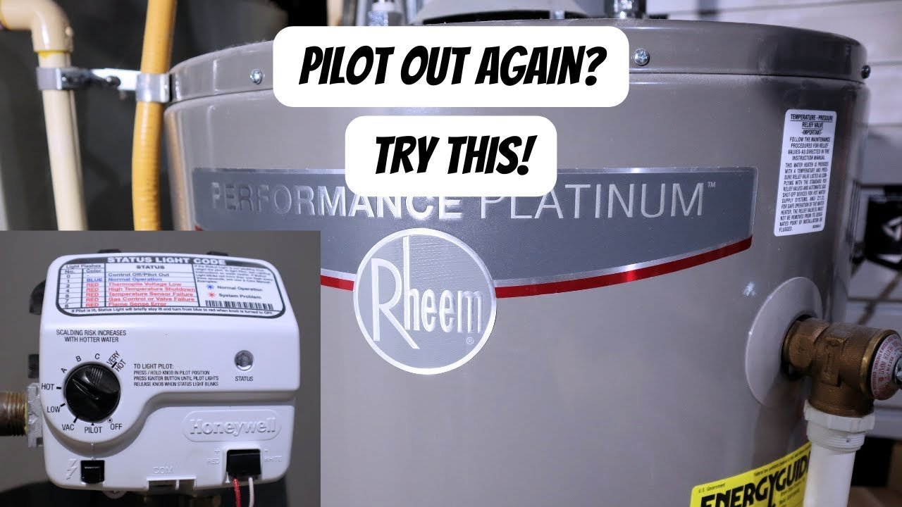 A professional plumber inspects a Rheem hot water heater in a clean utility room.