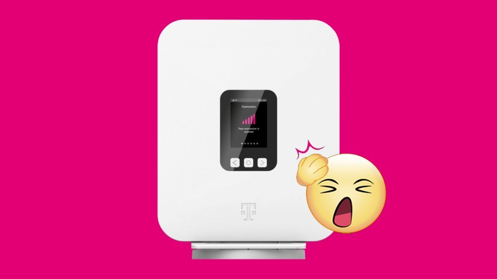 A modern T-Mobile home internet gateway sits on a shelf in a bright living room.